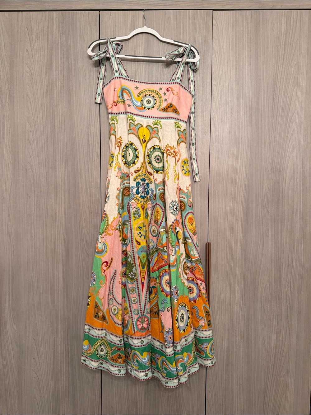 Alemais Multicolor Paisley Tie-Shoulder Maxi Dress in Pink & Green